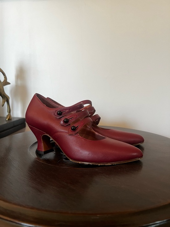 American Duchess Shoes - Classic Burgundy Mary Jane Heels with Triple Strap Detail